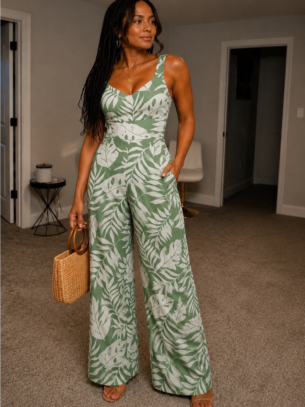 Justify Green and White Tropical Print Wide-Leg Jumpsuit